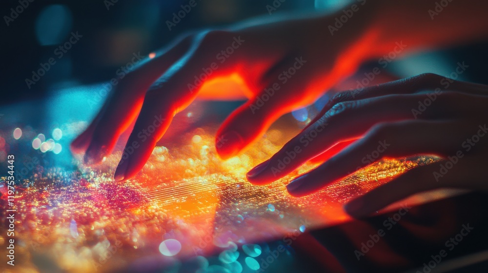 Aufkleber close up of hands using digital pad with creative glowing blockchain hologram on blurry desktop back