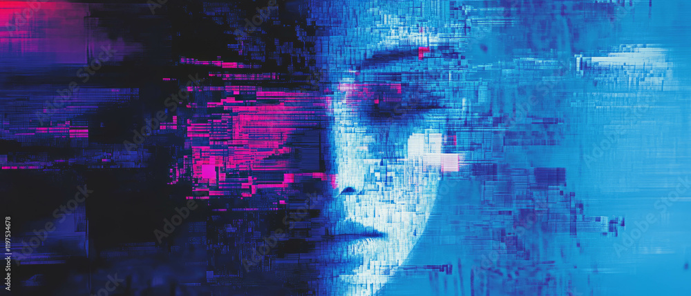 Poster glitch art effect showcasing pixel shift and data corruption in calming blue tones