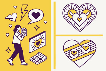 minimalist heart icons, flat design, yellow and purple color scheme, geometric shapes, app icons, rounded corners, vector graphics, high contrast, simple patterns, modern aesthetic, social media icons