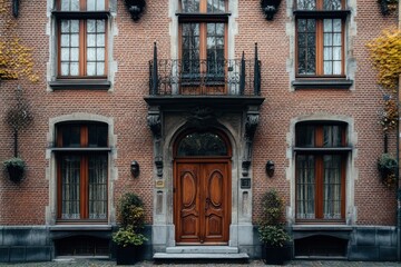 A charming vintage brick building boasts an intricately designed wooden door and a lovely balcony, set against the backdrop of a historic urban landscape during the vibrant autumn season