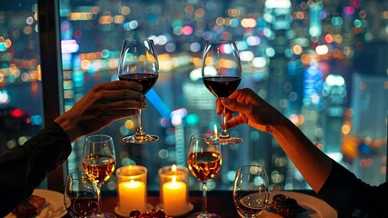 Celebrating special moments with fine wine and city views in an upscale restaurant at night
