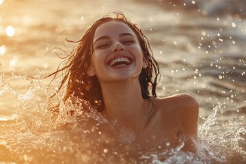 Obraz premium Girl Splashing in Shallow Waves, Laughing Joyfully