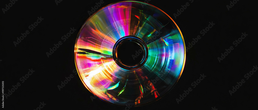 Poster circular cd surface with rainbow patterns reflecting light against a black background