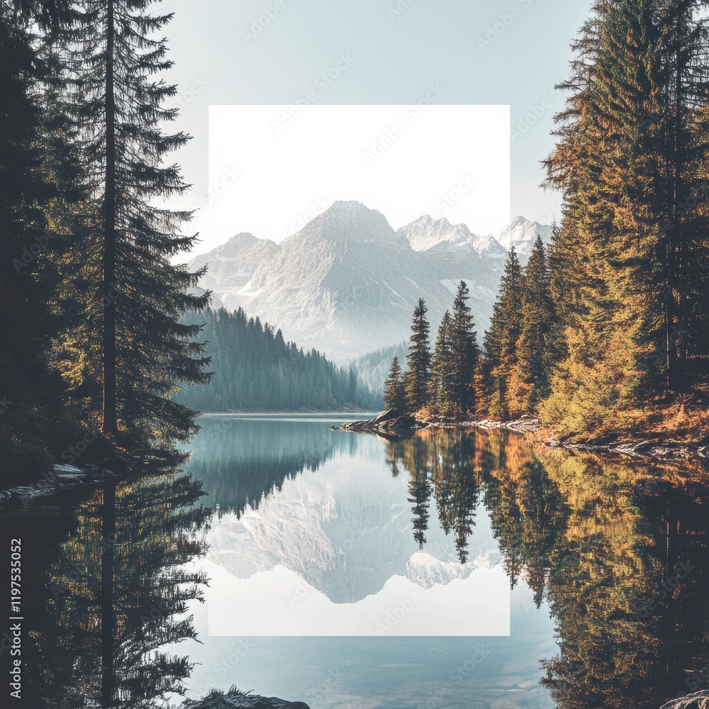 Poster tranquil lakeside view with mountains reflected in calm waters and space for text overlay. generativ