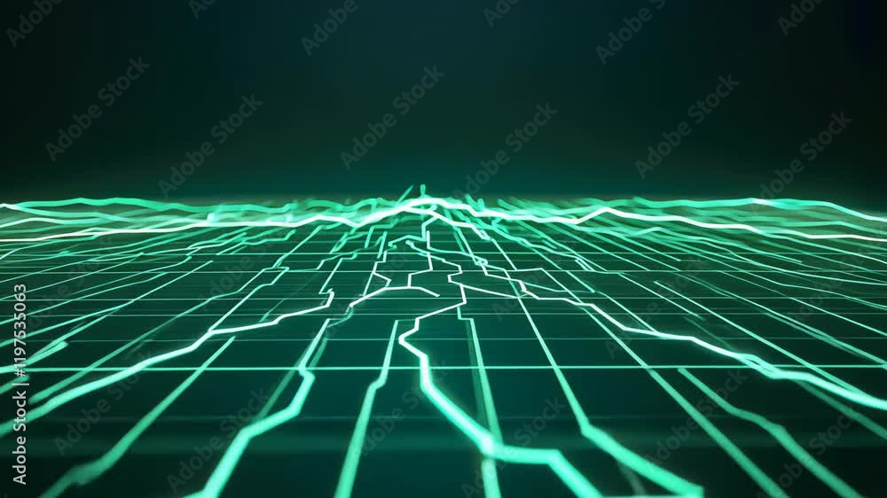 Poster futuristic digital landscape with glowing green grid dynamic virtual reality network and technologic