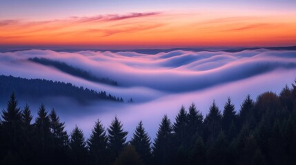 Serene Misty Forest Landscape at Dawn with Colorful Sky