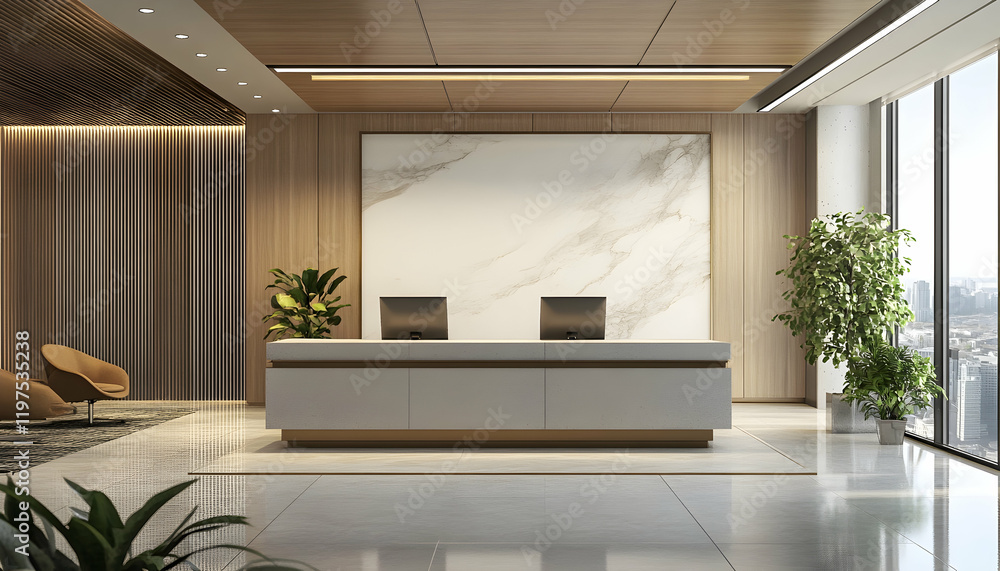 Aufkleber blank frame for corporate branding display in a modern office reception area with ample copy space -