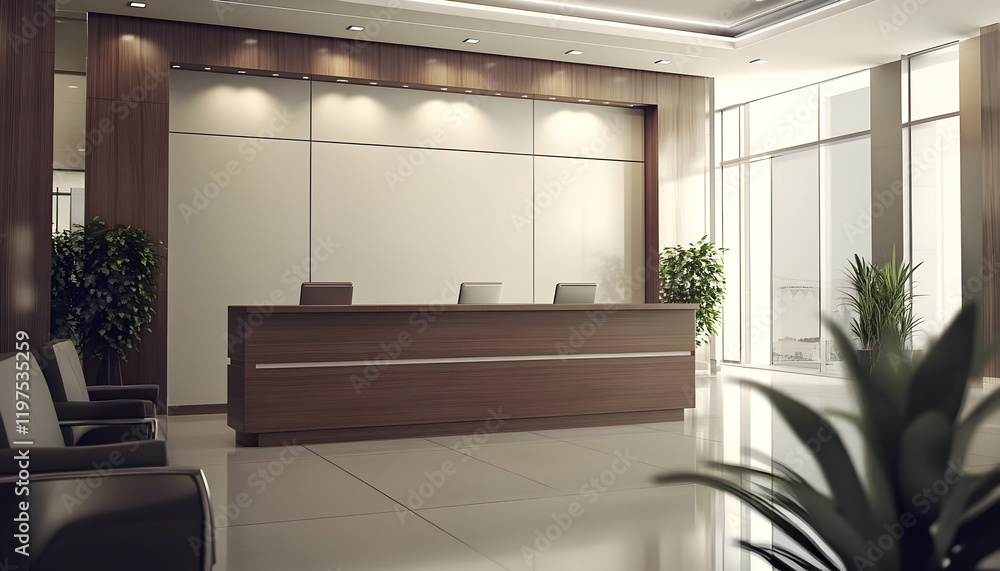 Poster blank frame for corporate branding display in a modern office reception area with ample copy space -