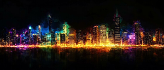 Vibrant cityscape night lights create a dynamic overlay texture against a black background