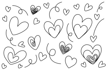 Set of heart shape doodle isolated on white.Seamless background of hand drawn stylized hearts, Valentine's day greeting card.