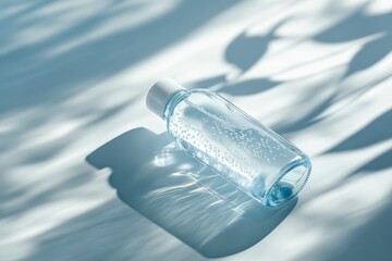 Captivating clarity of a transparent bottle resting on a light blue surface with enchanting shadows and bubbles