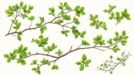 Fototapeta premium Green Leaves on Branches with White Background for Nature Design