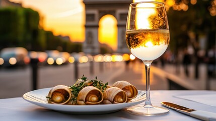 Indulging in escargots and white wine with a stunning view of the Arc de Triomphe at sunset on the Champs-Elysees