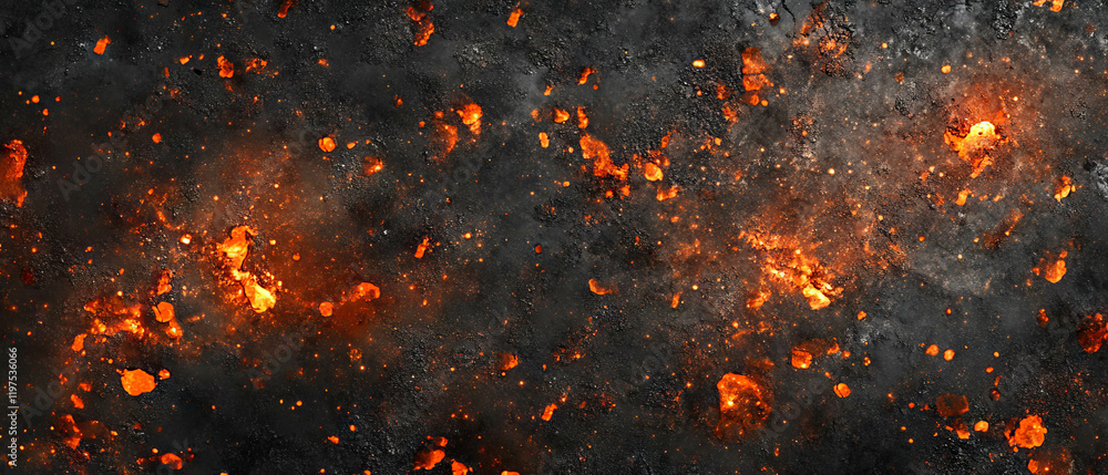 Poster embers glow intensely against a dark background creating a fiery and dynamic texture display