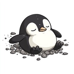 Obraz premium Sleepy penguin resting on rocks, Antarctic background, children's illustration