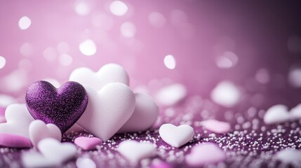 Fototapeta premium A dreamy array of purple and white hearts twinkles against a shimmering purple backdrop, evoking love and enchantment this Valentine's Day.