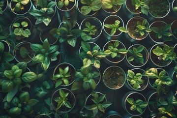 Potted plants in metal cylinders. Green leaves, vibrant growth indicative of healthy plant life.