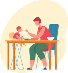Loving mother feeding her baby son who is sitting in a high chair and playing with a toy, healthy nutrition for small children, everyday family scene