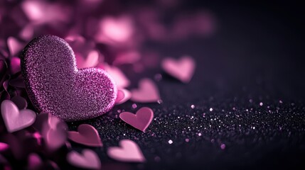 Fototapeta premium Sparkling purple heart glitters dance on a dark canvas, surrounded by delicate pink hearts, creating a whimsical Valentine's Day dreamscape.