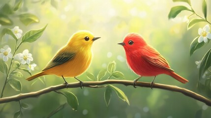 Obraz premium Two colorful birds, yellow and red, perched on a branch with a soft green background, creating a peaceful and vibrant nature scene.