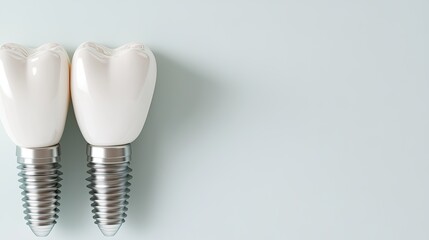 3D-rendered visualization shows a tooth with a metal implant post and connected teeth against a light blue backdrop