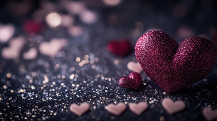 Fototapeta premium A sparkling display of shimmering hearts rests elegantly on a table, radiating love and joy, perfect for celebrating Valentine's Day.