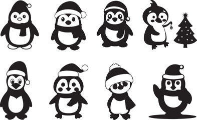Obraz premium vector of cute penguins in christmas silhouettes