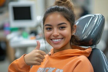 Smiling woman in dental chair giving thumbs up. Perfect for dental ads, patient testimonials, and healthcare promotions. Represents satisfaction, trust, and quality dental care