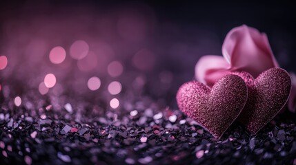 Fototapeta premium Deep purple hearts glow against a dark canvas, illuminated by soft pink lights, creating a romantic ambiance perfect for Valentine's Day celebrations.