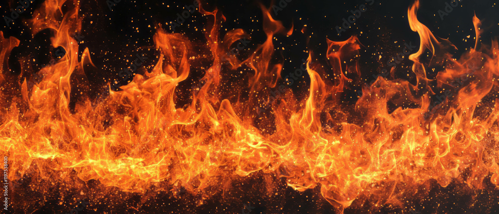 Poster dynamic and realistic fire overlay texture on black background for creative projects