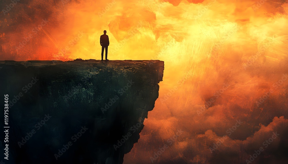 Aufkleber a solitary figure stands at the edge of a dramatic cliff overlooking a fiery sunset and a sea of col