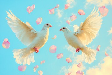 Two White Doves in Flight Surrounded by Pink Petals Against Blue Sky
