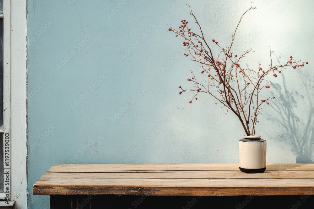 Poster simple display of a vase with branches and berries on a wooden table against a muted wall background