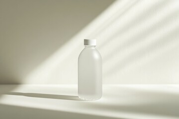 Clear water bottle casting gentle shadows, showcasing minimalist beauty in soft light against a neutral background