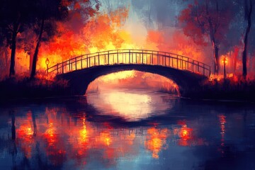 Naklejka premium Serene Sunset Overbridge Reflection in Tranquil Water Landscape