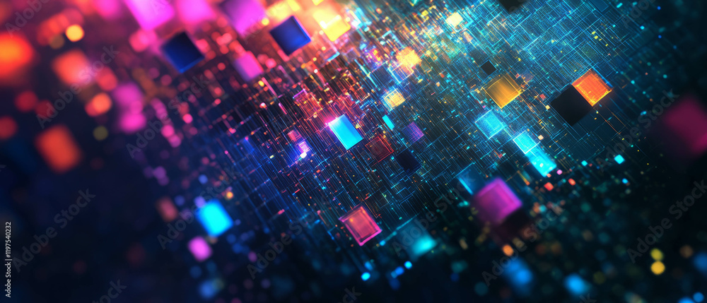 Poster glitch effect texture with pixelated blocks in vibrant colors and digital distortion