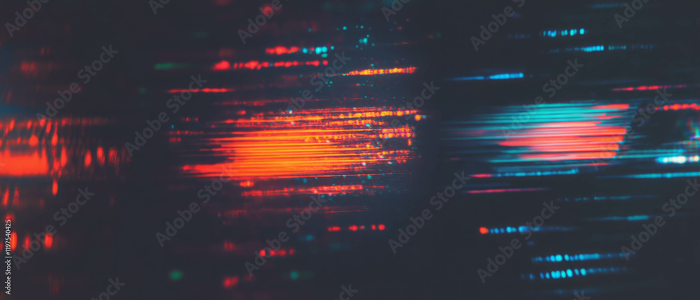 Poster glitch effect creating a distorted digital landscape with vibrant data streams