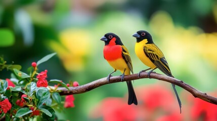 Fototapeta premium Yellow and red birds perched on a branch, their colors popping vibrantly against the soft, blurred green foliage behind them.