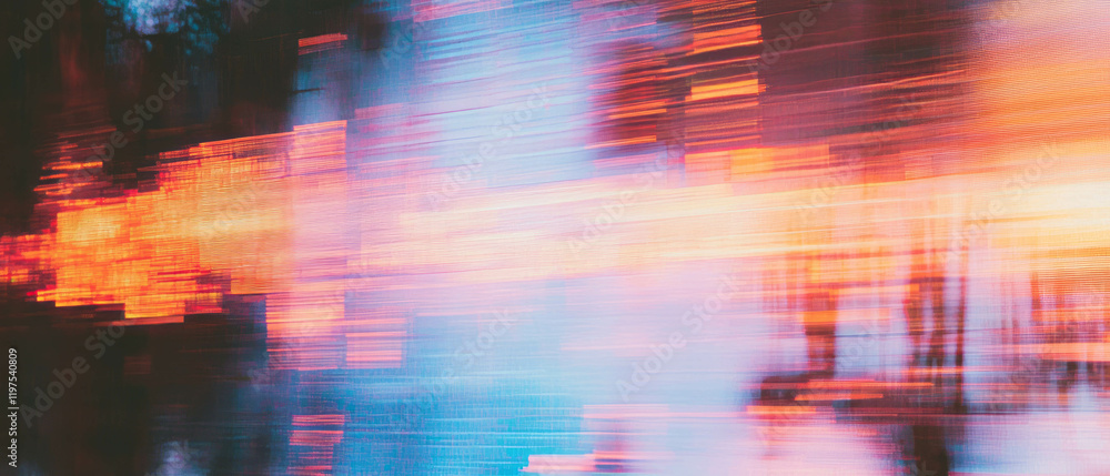 Poster dynamic glitch effect creating vivid pixelation and distortion in vibrant colors