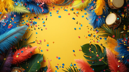 A vibrant carnival-themed flat lay featuring colorful feathers, confetti, tropical leaves, and golden drums on a bright yellow background, evoking the festive energy of a Rio Carnival celebration.