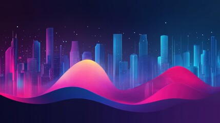 Vibrant City Skyline with Abstract Wavy Design at Night