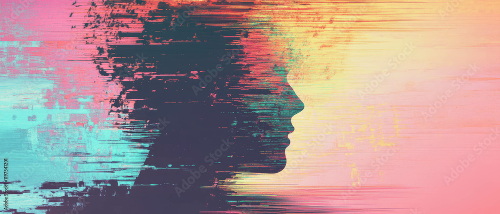 Poster glitch effect overlay creating digital distortion with vibrant colors and abstract shapes
