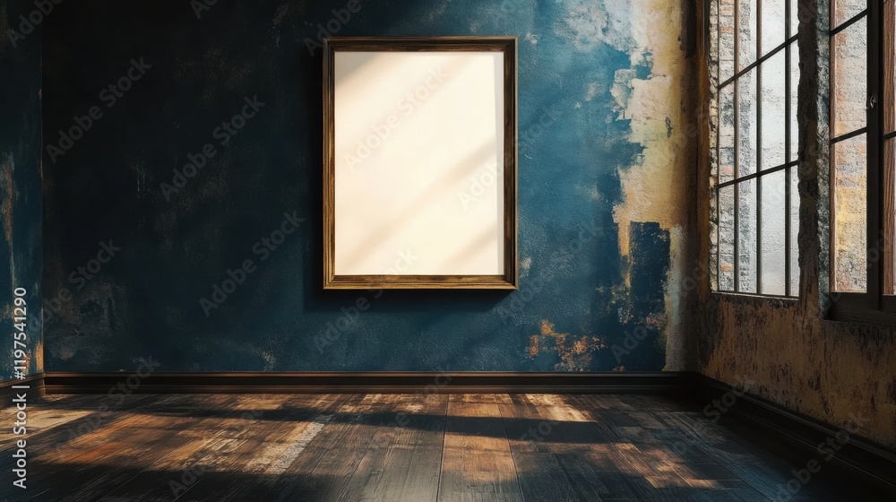 Poster Empty room with a framed white canvas on a textured wall and natural light streaming through the window. Generative AI