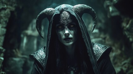 Dark Fantasy Portrait of a Mysterious Figure with Horned Hood