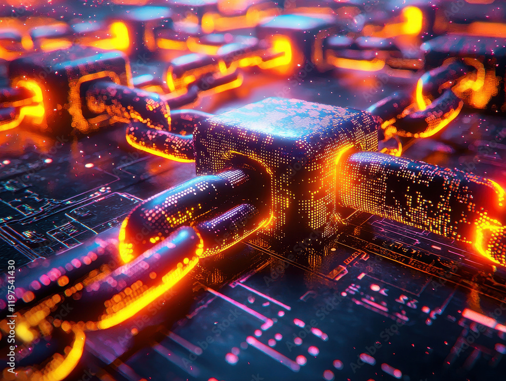 Poster innovative visualization of interconnected blockchain technology illuminated by vibrant neon colors 