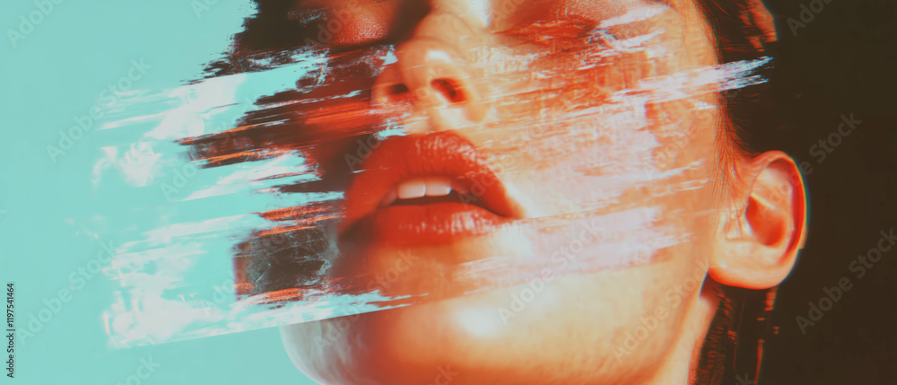 Poster visual distortion creating a glitch effect on a close-up of a person's face