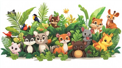 Fototapeta premium Adorable Cartoon Jungle Animals in Lush Vegetation Wide Angle View