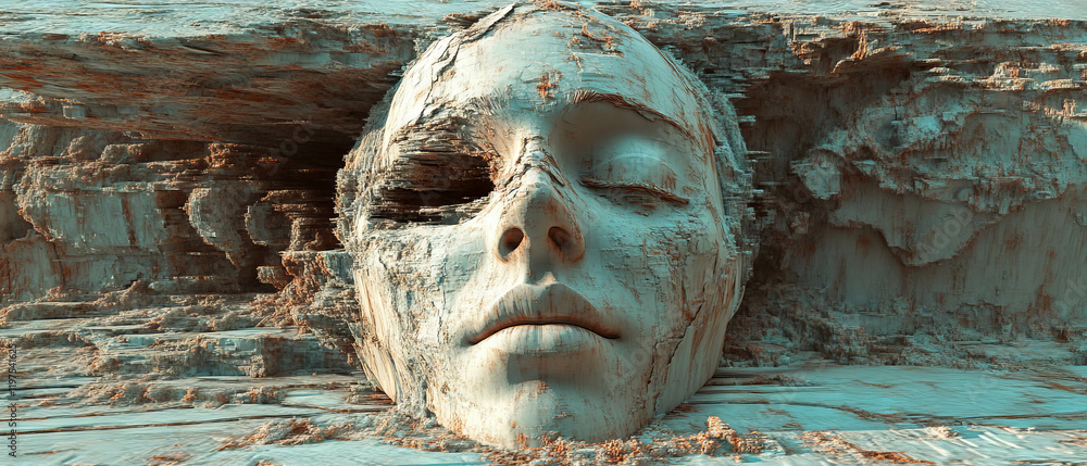 Poster glitch effect overlays on a distorted 3d model explore digital artifacts and textures