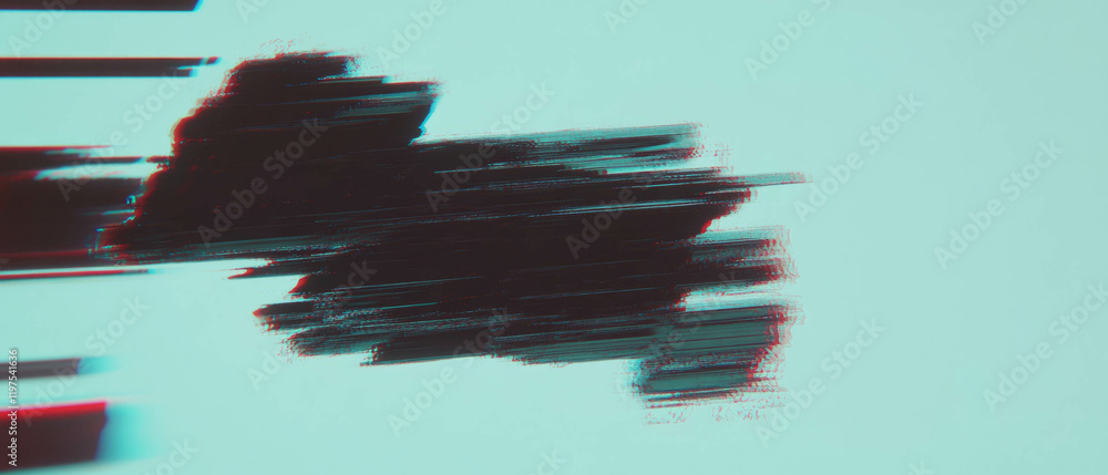 Poster glitch effect overlay on 3d rendered distorted digital artifact model