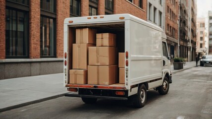 A white truck is parked on a city street with a large number of boxes stacked on